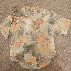 Caribou Men's Beige Green Pink Floral Button-Up Short Sleeve Shirt Size M Vintag